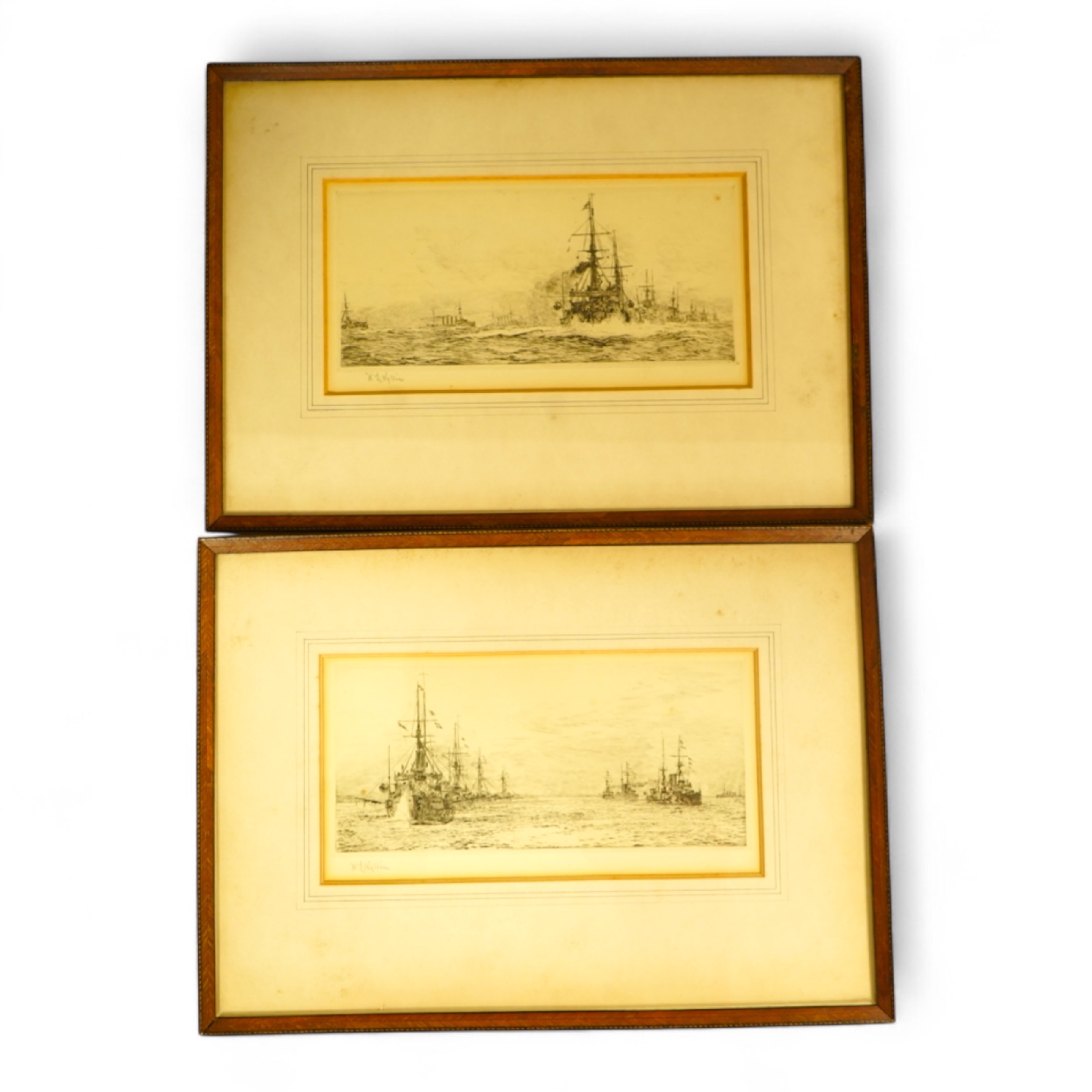 William Lionel Wyllie (1851-1931), 'Full speed ahead' and 'The Convoy', each signed, pair of etchings, 12 x 23cm